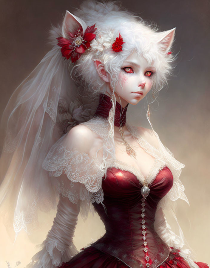 White-Haired Feline-Eared Character in Victorian Gown