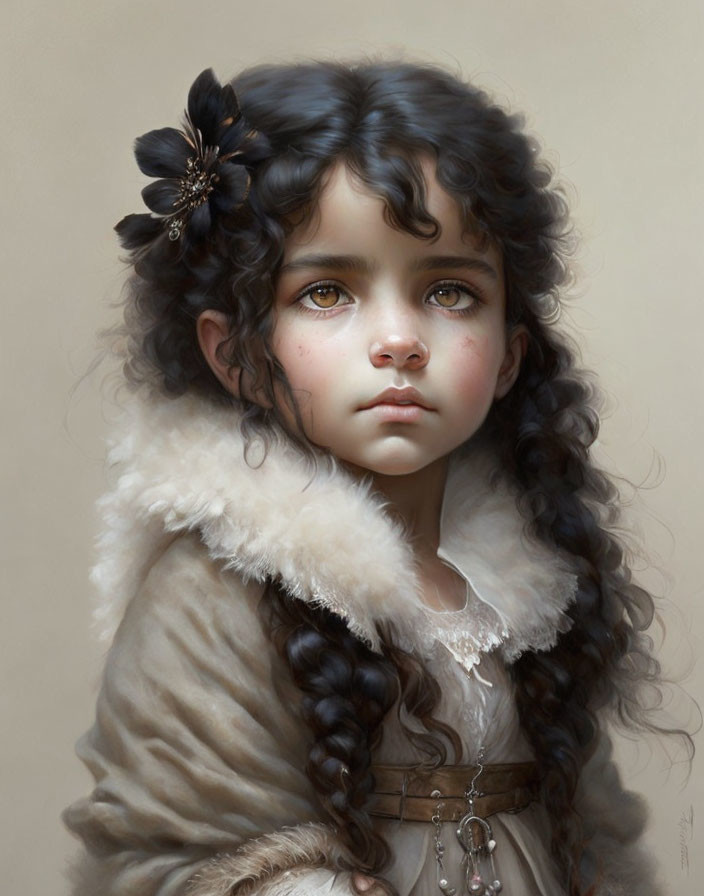 Portrait of a young girl with dark curly hair and fur-lined coat