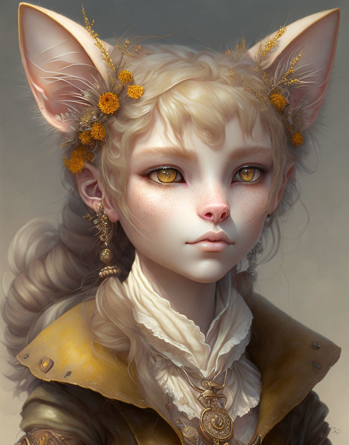 Fantasy character with feline ears and golden eyes in ruffled blouse and jacket.