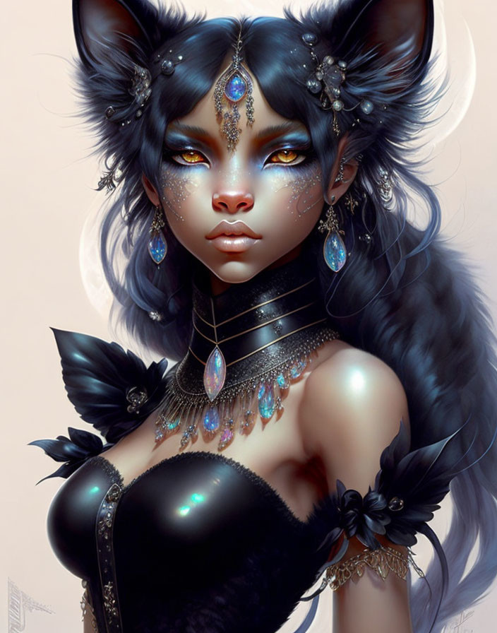 Fantasy Artwork: Cat-like Female with Blue Eyes and Dark Hair