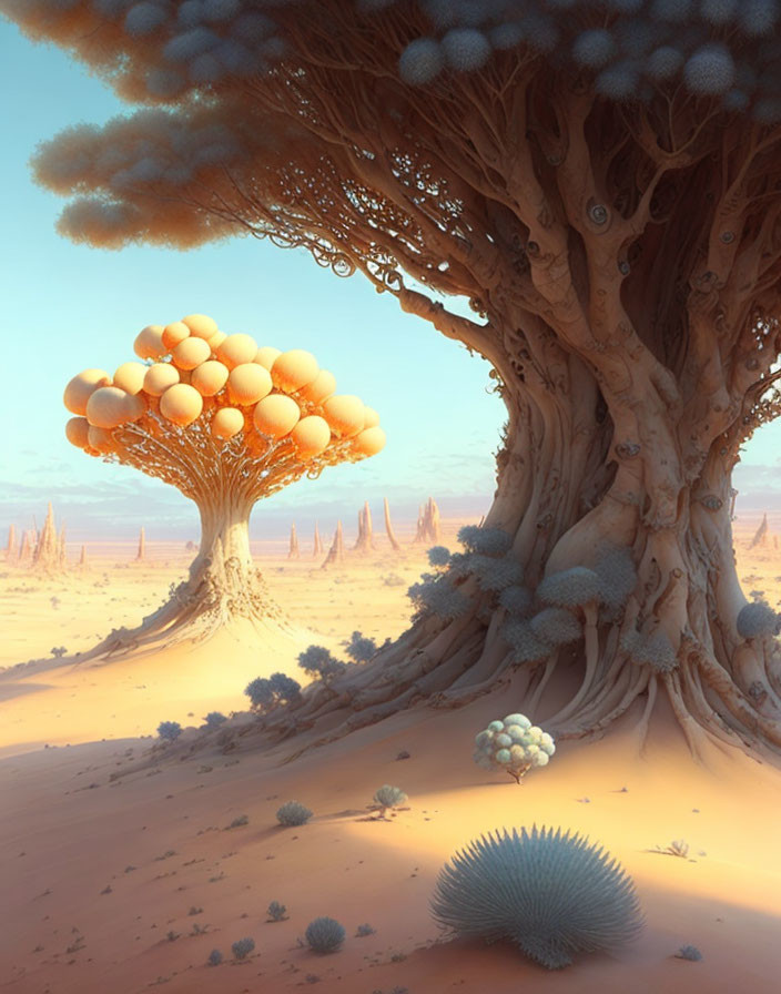 Surreal desert landscape with oversized fantastical trees and unique spiky plants