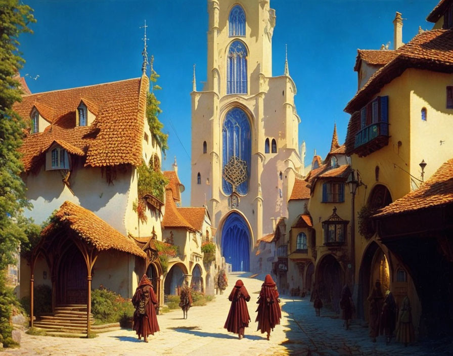 Medieval village with towering church and cloaked figures