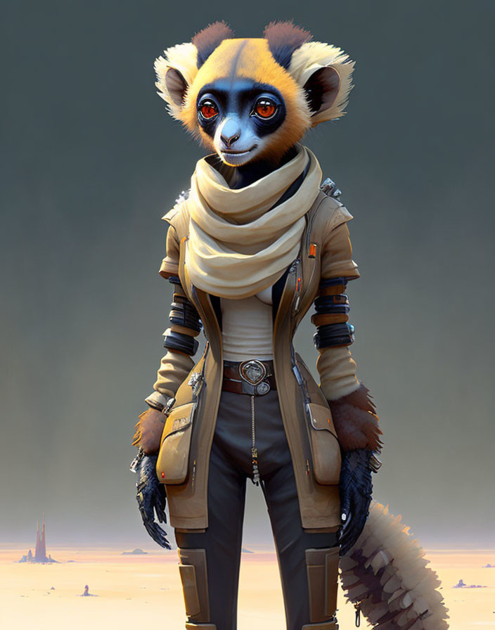 Anthropomorphic lemur in futuristic attire on desert backdrop