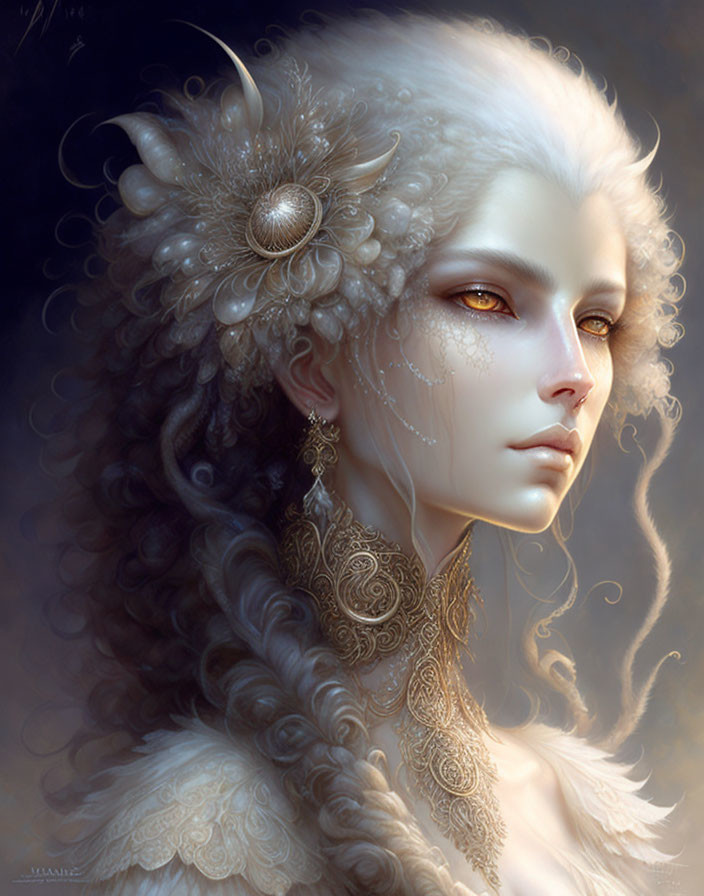 Fantasy female figure with pale skin and golden jewelry in horn-like headdress.