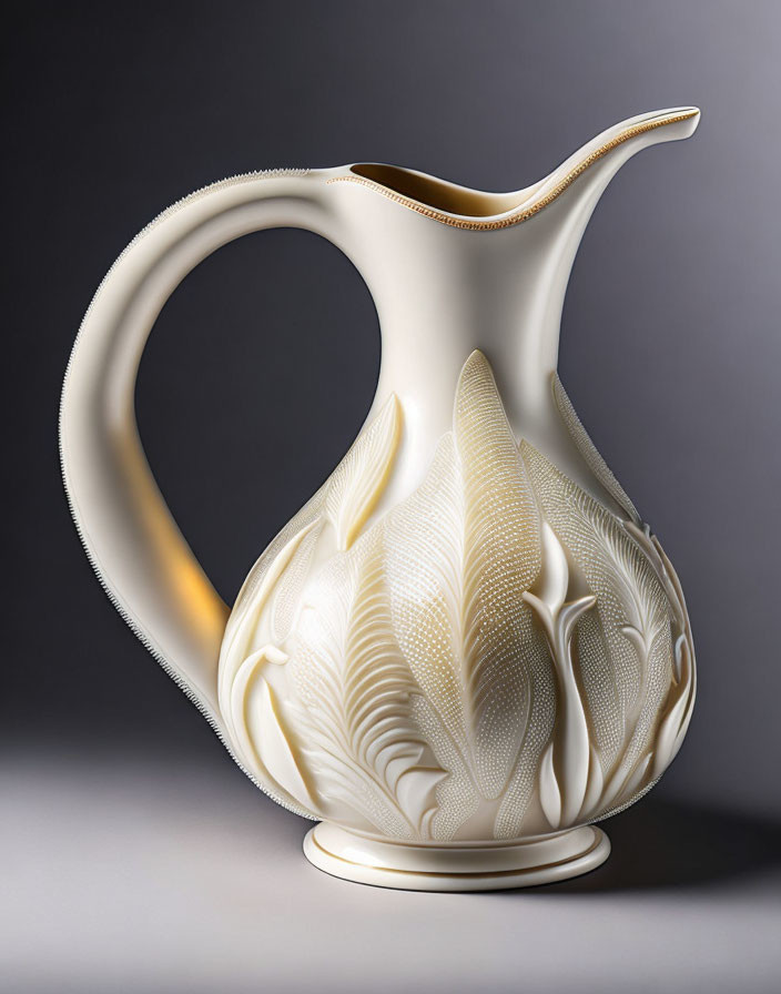 Intricately patterned white porcelain jug on gray backdrop