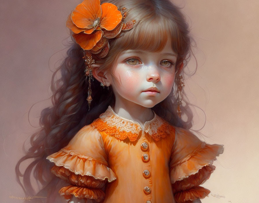 Young girl digital portrait with large eyes and wavy hair in orange dress