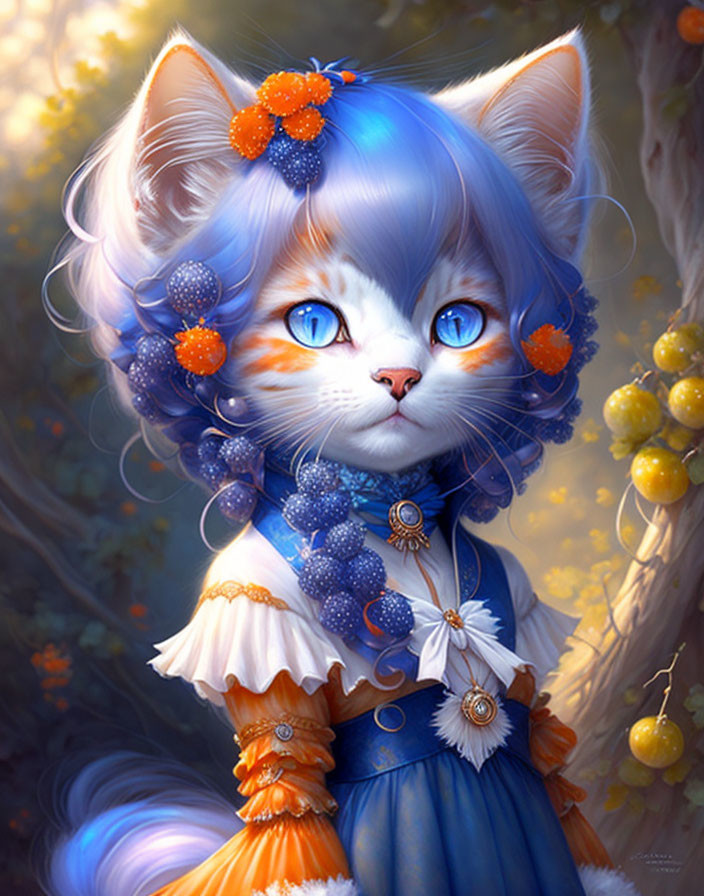 Anthropomorphic Cat in Blue and Orange Garments with Berries and Flowers in Forest