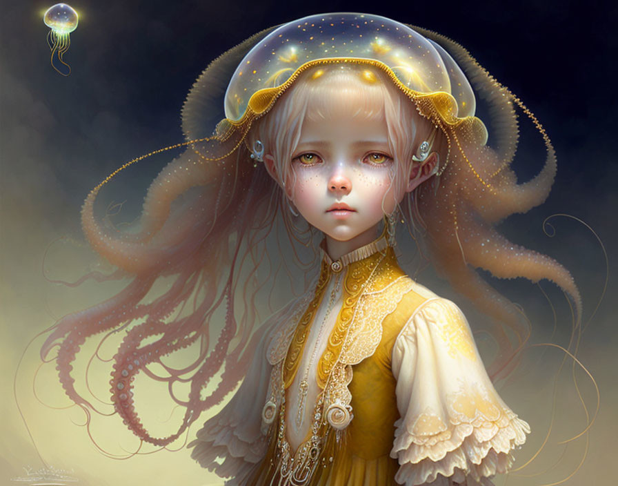 Surreal portrait: young girl with octopus hair and jellyfish headdress