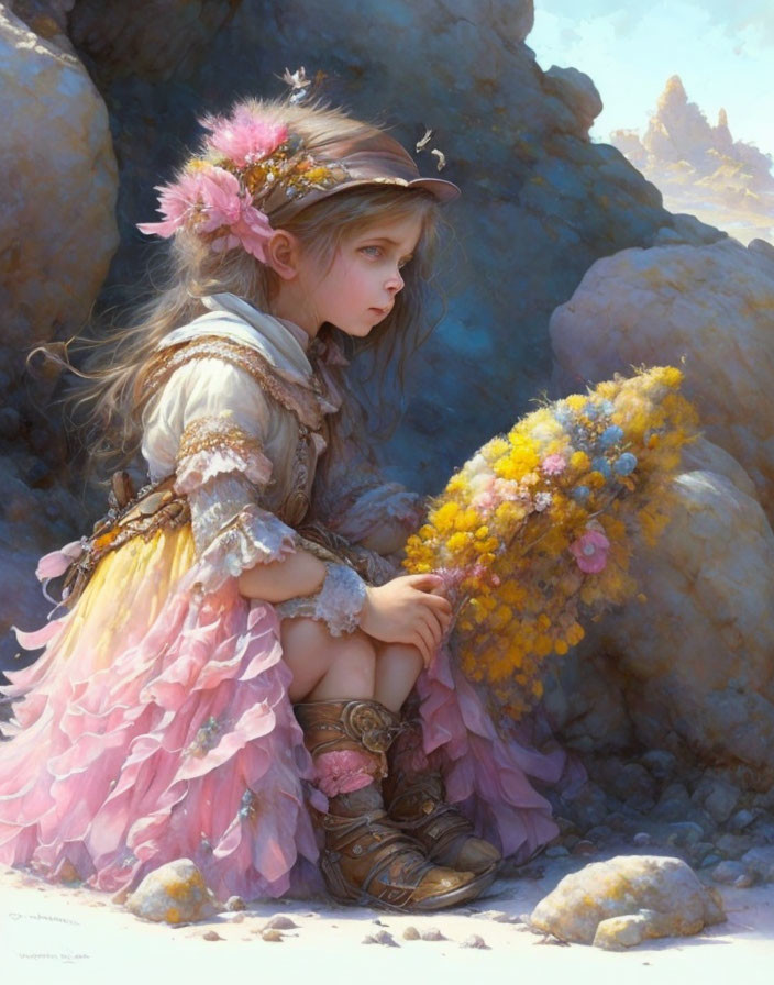 Young girl in pink dress with flowers, sitting on rock with yellow bouquet