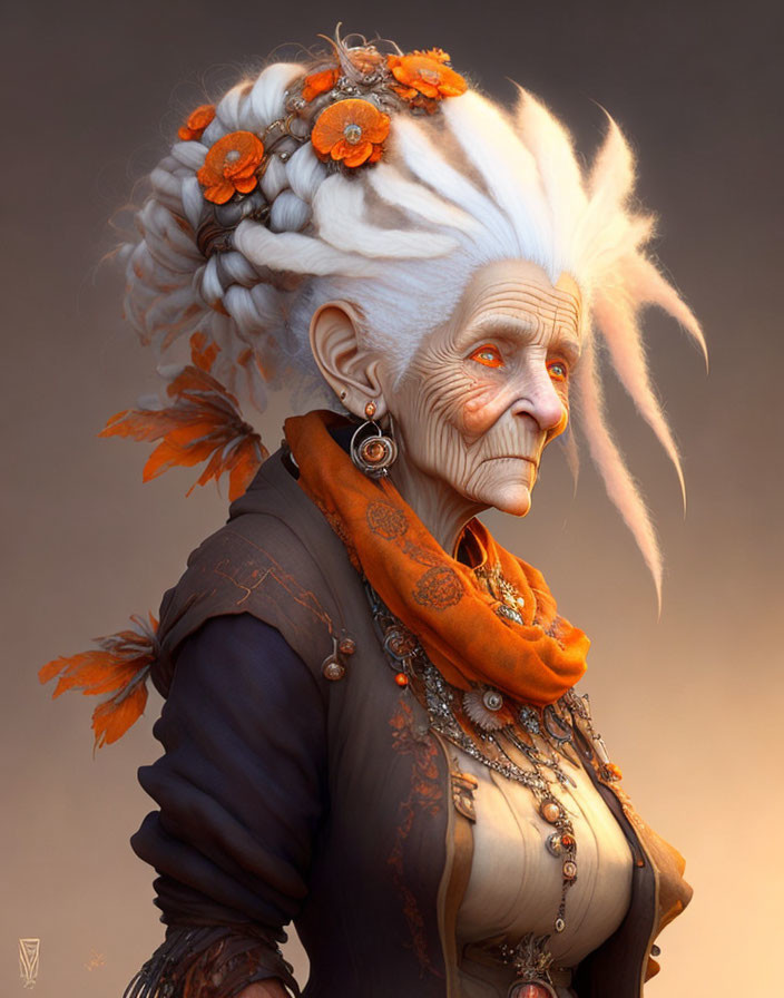 Elderly character with white hair, orange flowers, scarf, earrings, and dark outfit