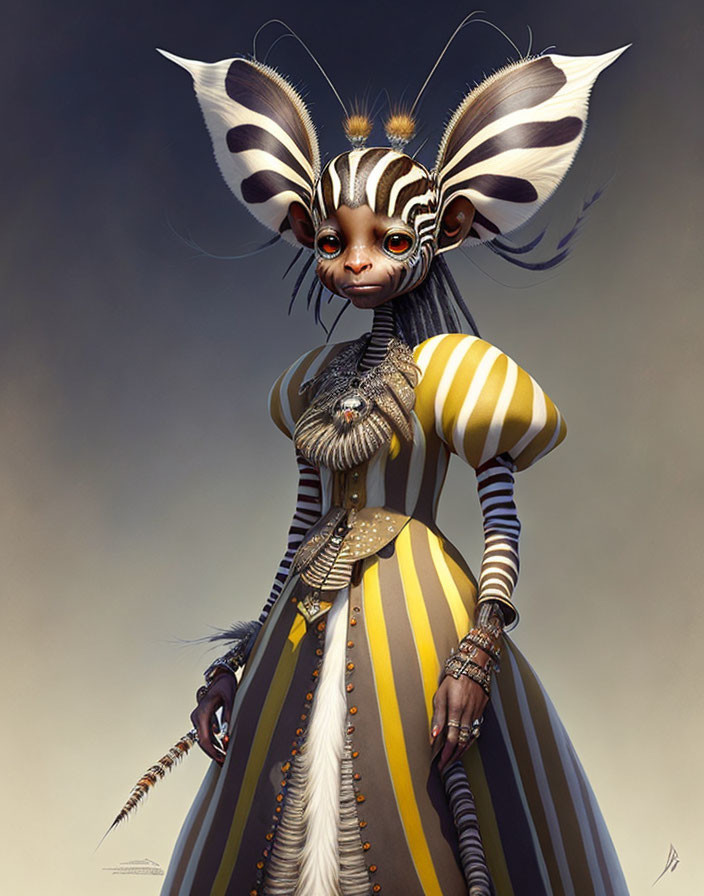 Fantasy creature with zebra stripes and large ears in yellow and white dress