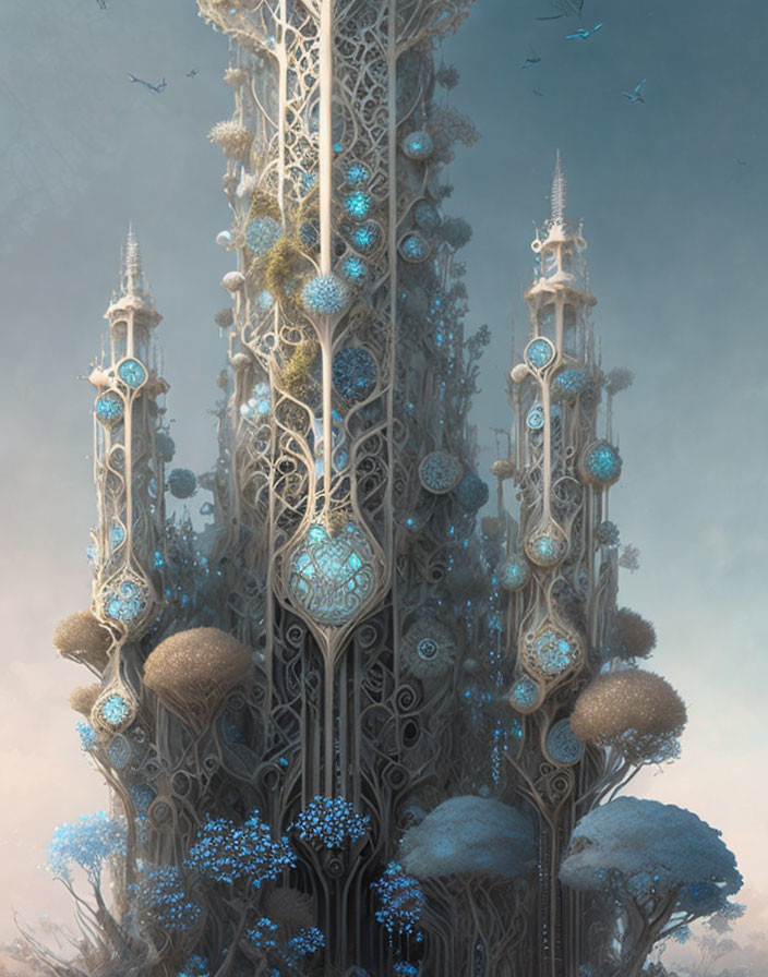 Organic tower with intricate blue glowing elements in serene sky