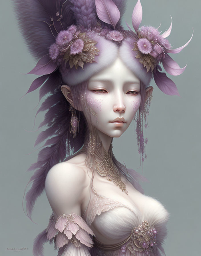 Fantasy creature illustration with pale skin, white hair, purple floral and feather adornments