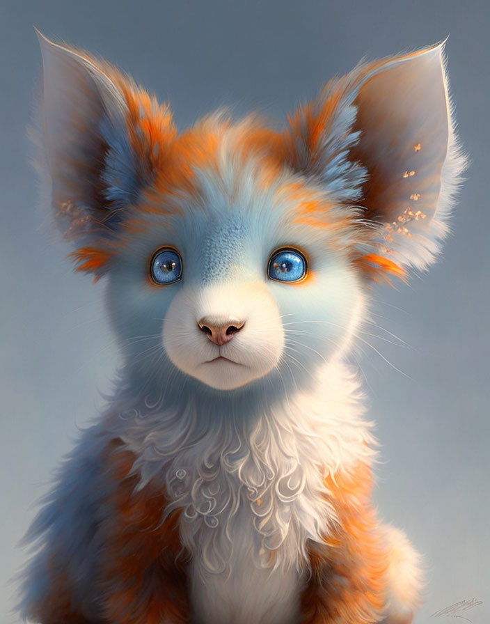 Fantasy creature with fluffy orange and white fur, expressive blue eyes, and pointed ears