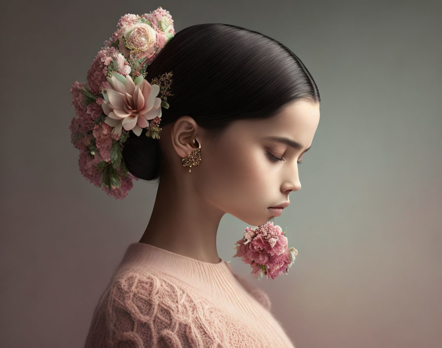 Portrait of woman with floral hair arrangement and pink sweater gazing downward