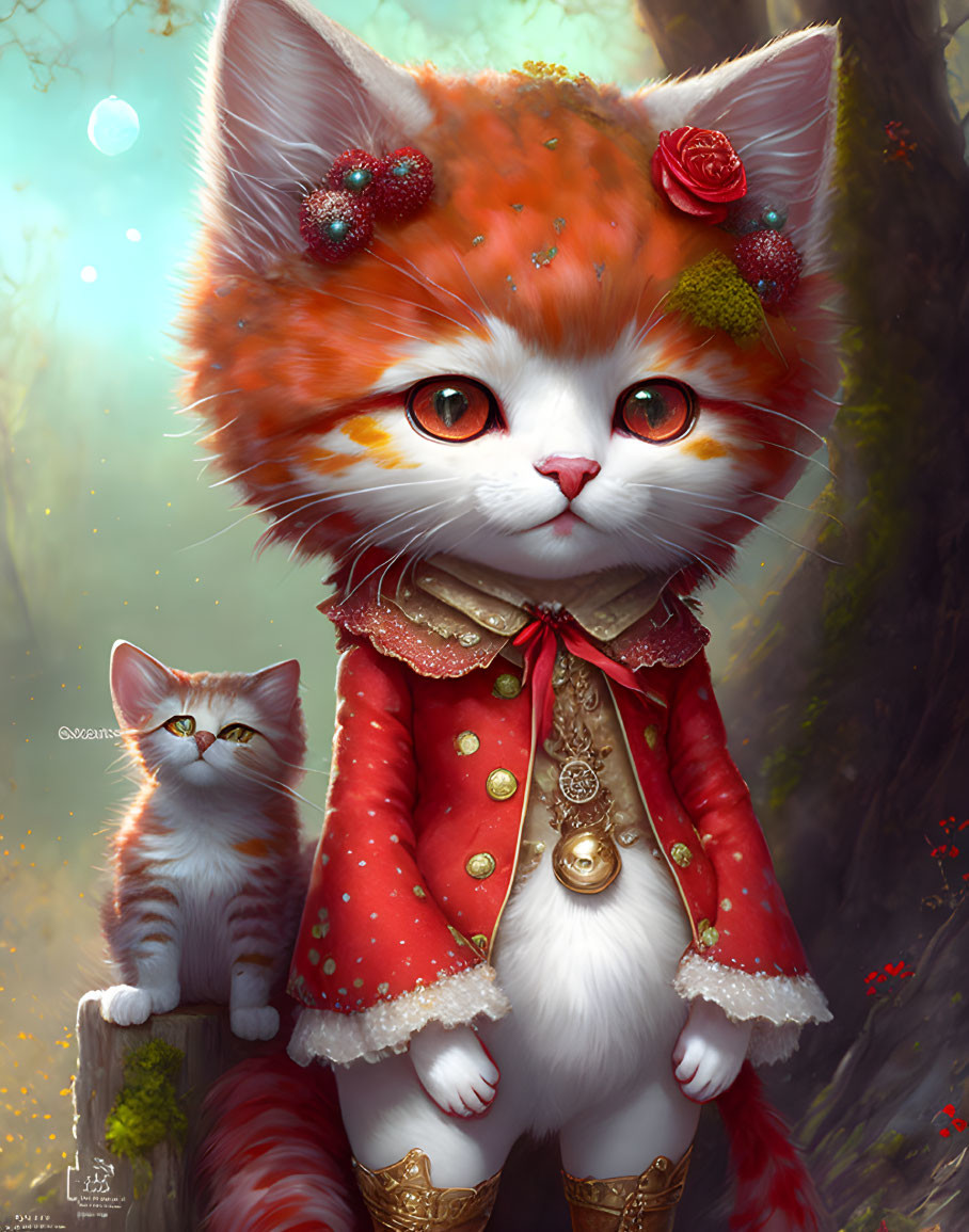 Illustrated orange and white kitten with red flowers and jewelry in mystical forest