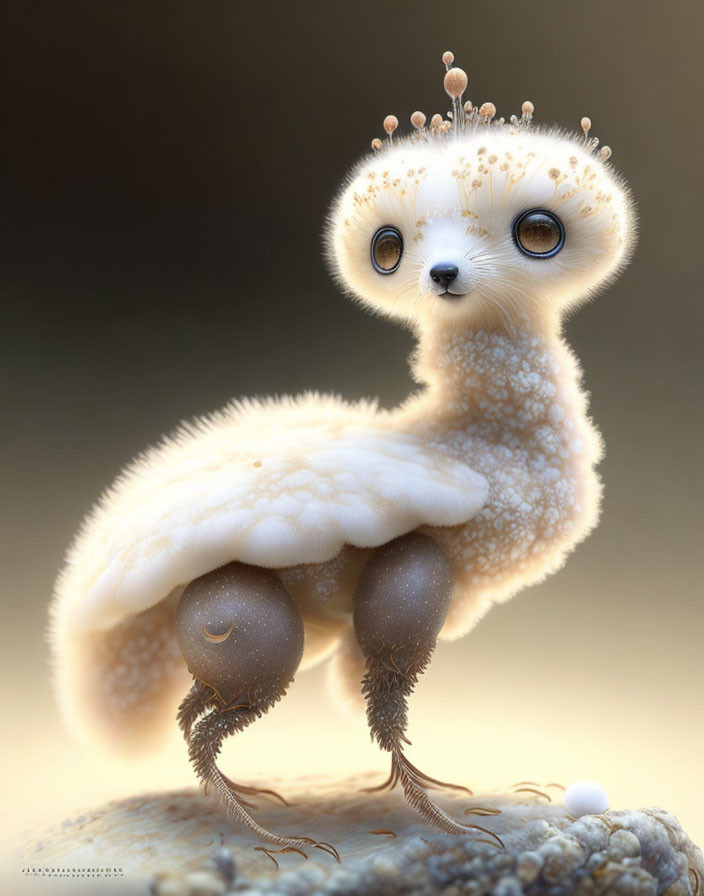 Fluffy white creature with large eyes and crown-like structures on a soft background