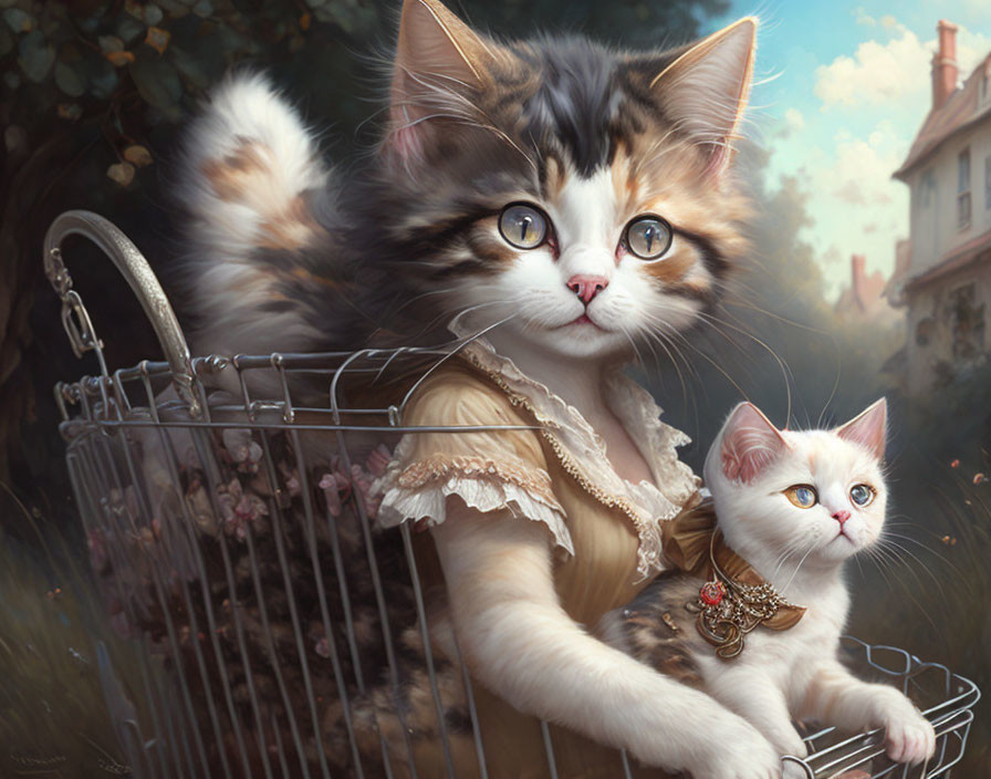 Anthropomorphic kittens in dress and basket against house backdrop