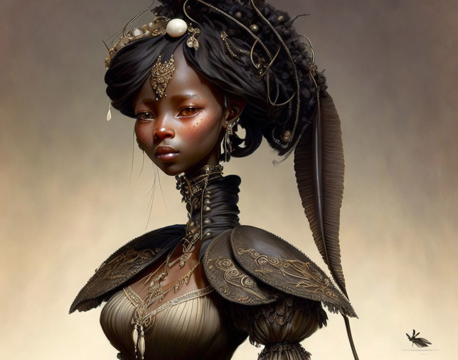 Fantasy-themed female illustration with ornate jewelry and earthy tones