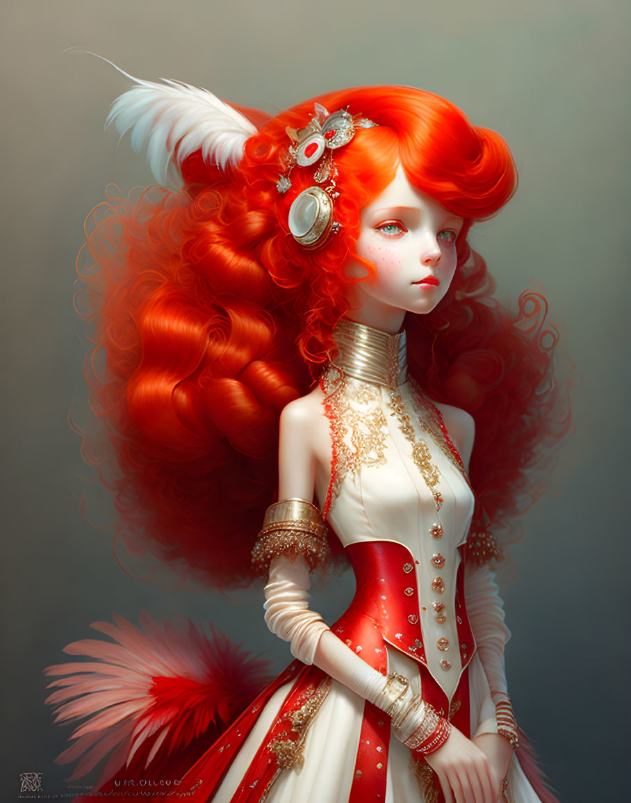 Vibrant red-haired character in elegant white and red attire with gold accents.