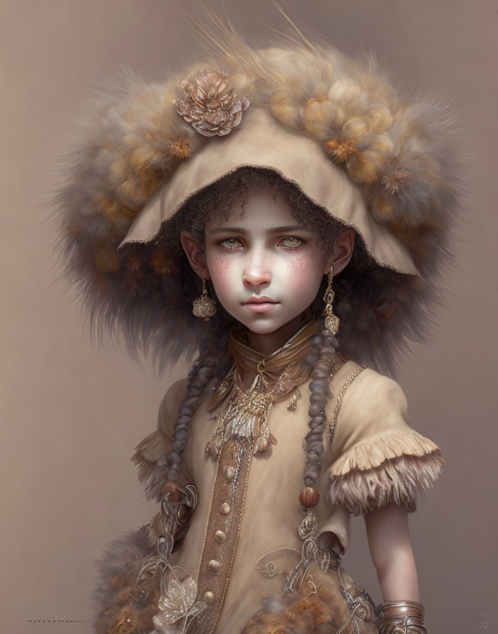 Digital artwork: Girl with red eyes, floral furry hat, vintage beige outfit