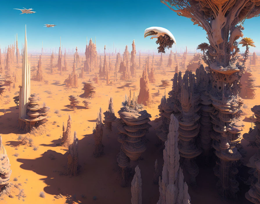 Desert landscape with rock formations, tree-like structure, and futuristic flying vehicles