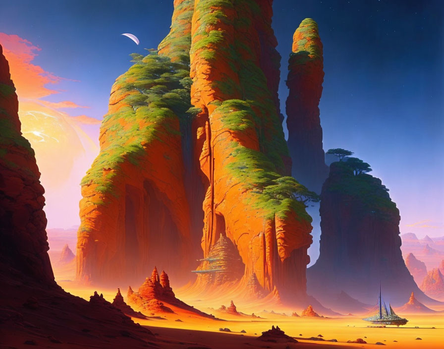 Fantastical landscape with towering rock formations and futuristic ship beneath alien sky