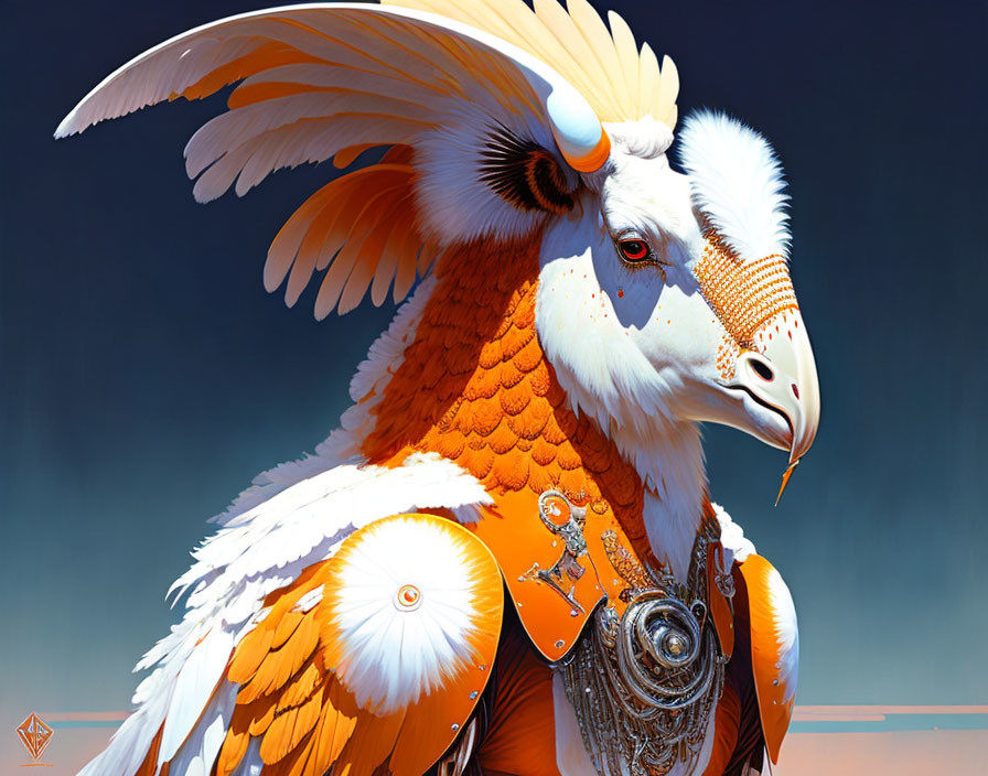 Majestic eagle-headed creature with white and orange plumage and intricate armor.