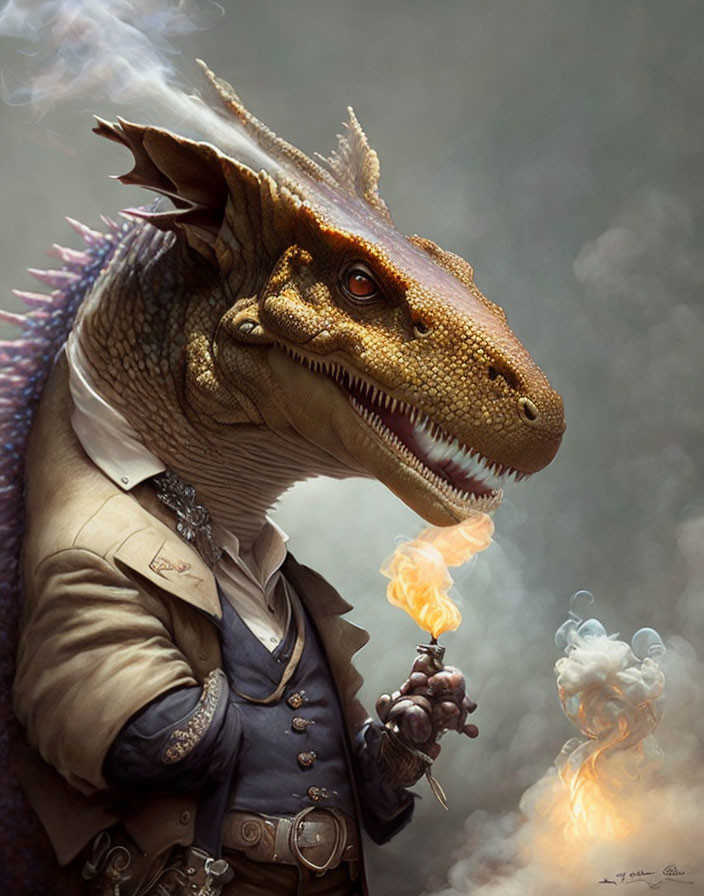 Anthropomorphic dragon in waistcoat exhaling smoke and fire with burning object