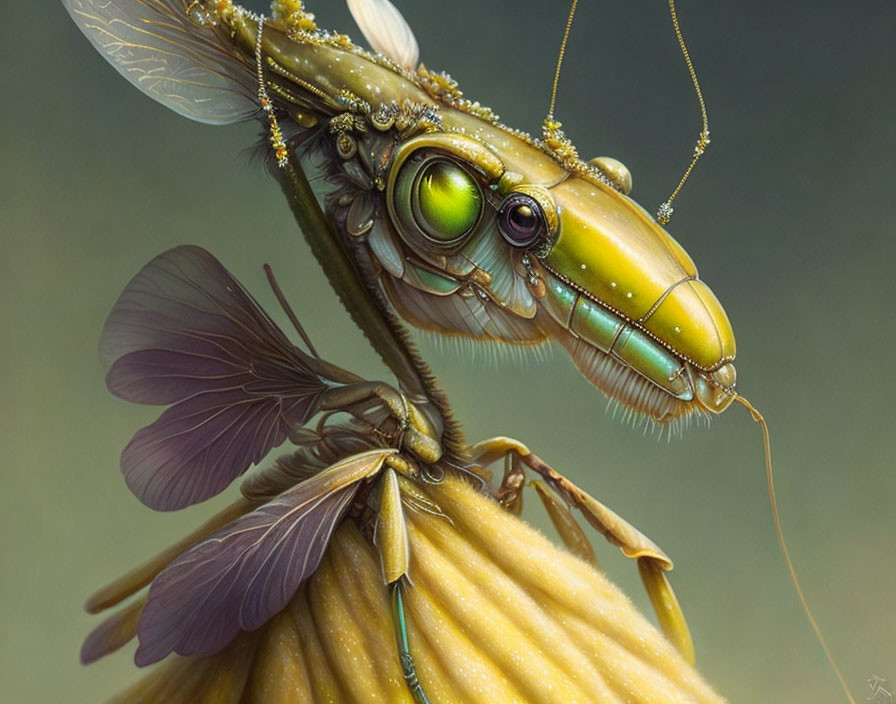 Detailed Illustration: Stylized Insect with Green Eyes on Yellow Flower