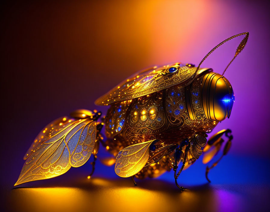 Mechanical bee digital art with gold patterns and blue elements on purple-orange background