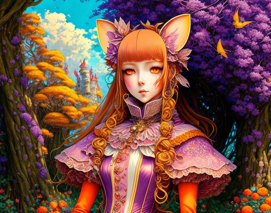 Illustrated girl with fox ears in vibrant dress among colorful forest