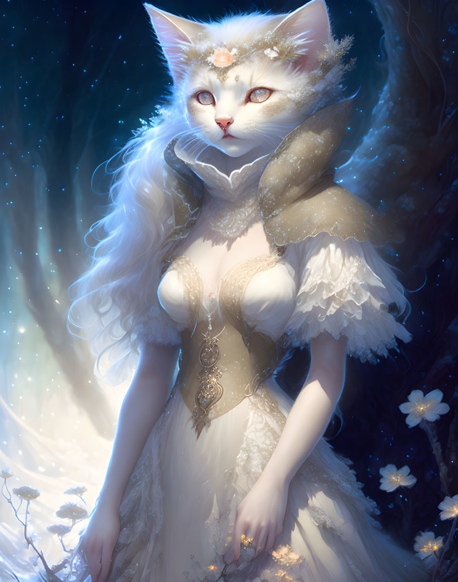 Anthropomorphic white cat in elegant dress in mystical forest setting