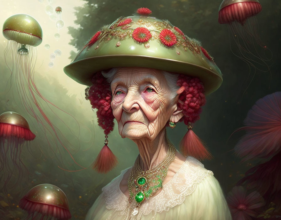 Serene elderly woman in jellyfish hat with red flowers and tassels