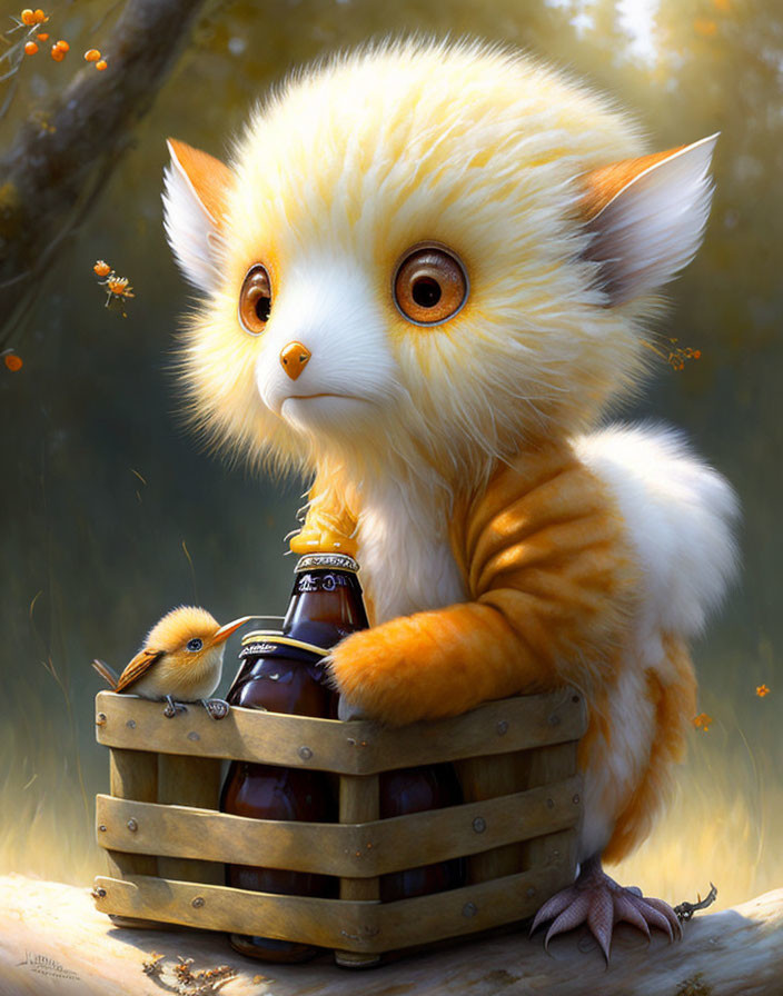 Fluffy yellow-and-white fantasy creature with bottle in wooden crate