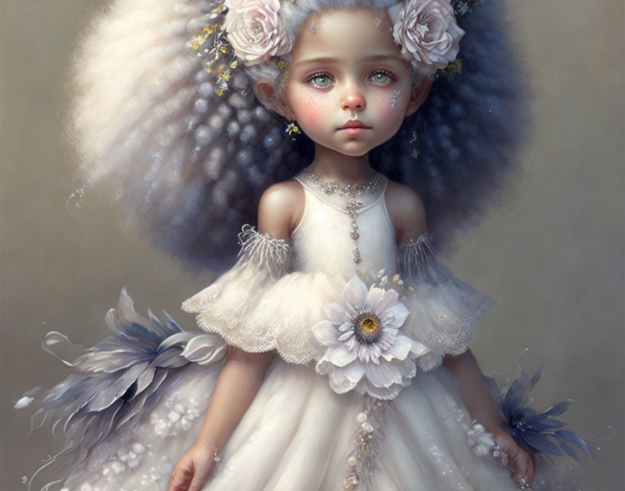 Digital artwork: Young girl with expressive eyes in white dress and feathered headdress