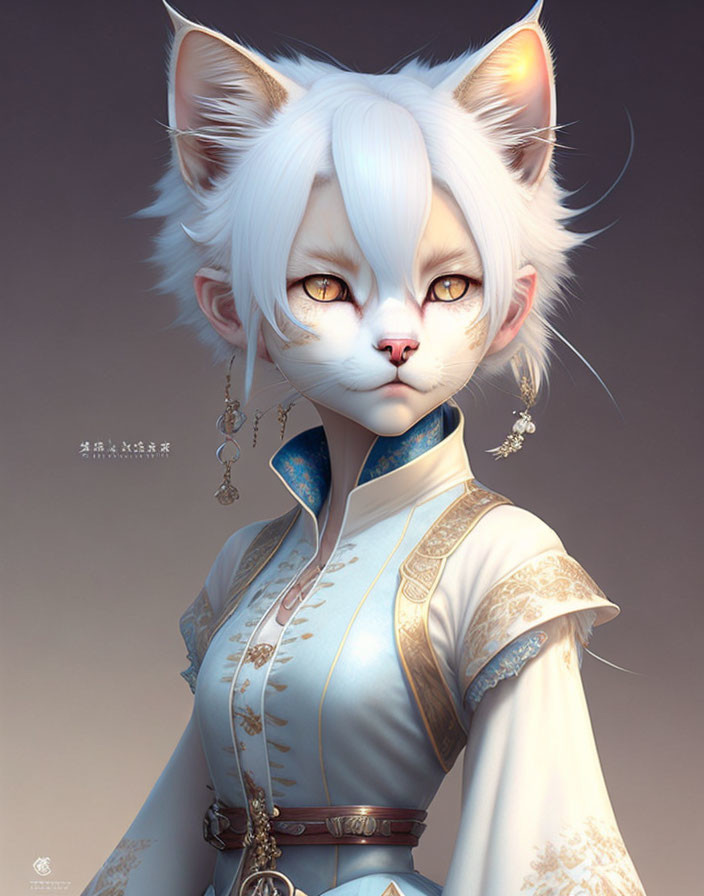 White Cat Character in Asian-Inspired Outfit with Large Ears