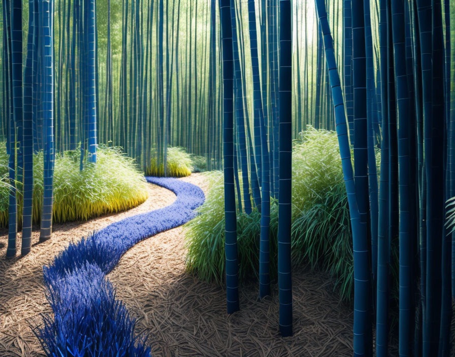 Digital artwork of bamboo forest with vibrant grass path