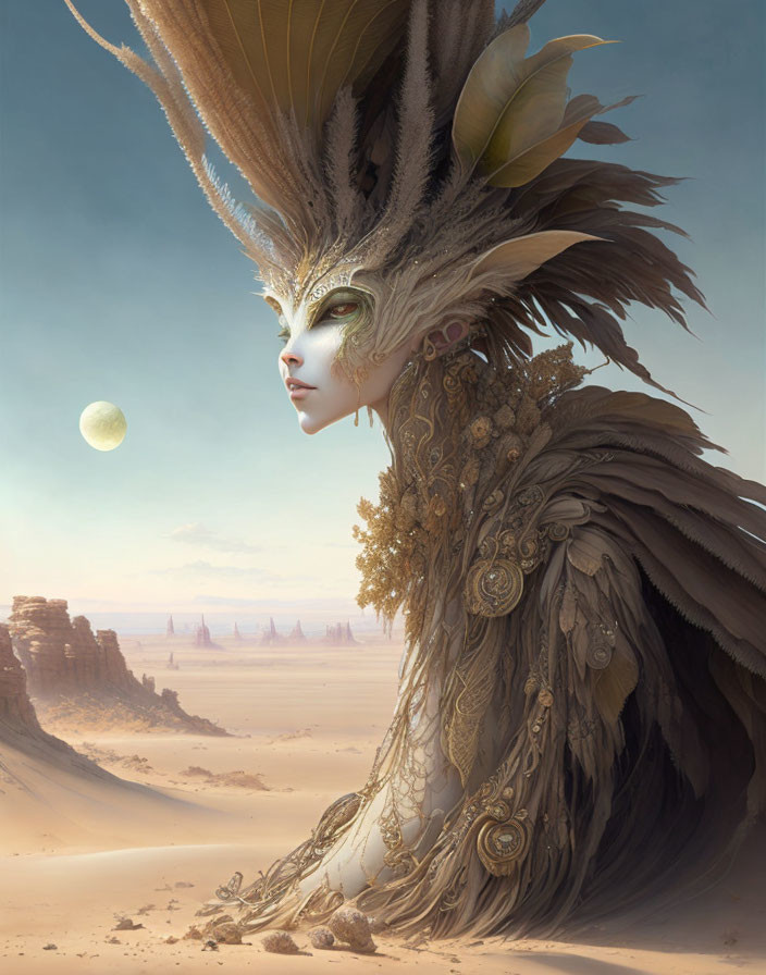 Intricate feathered headdress on figure in desert landscape