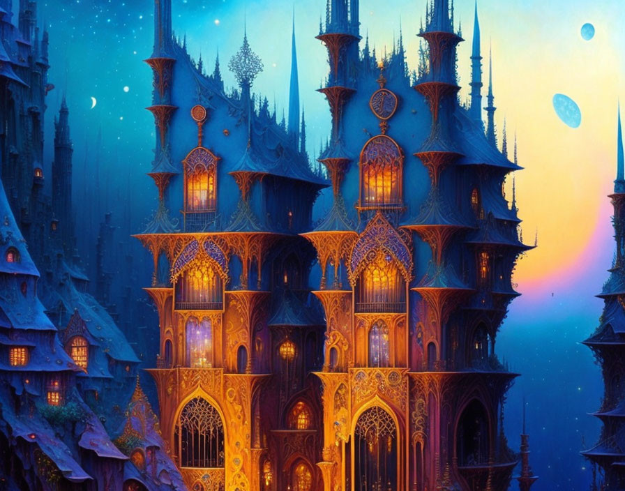 Intricate Gothic castle under twilight sky with multiple moons