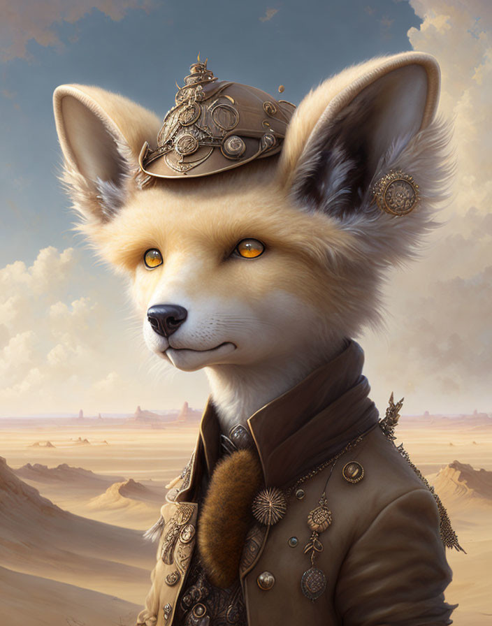 Steampunk-inspired anthropomorphic fox in desert setting