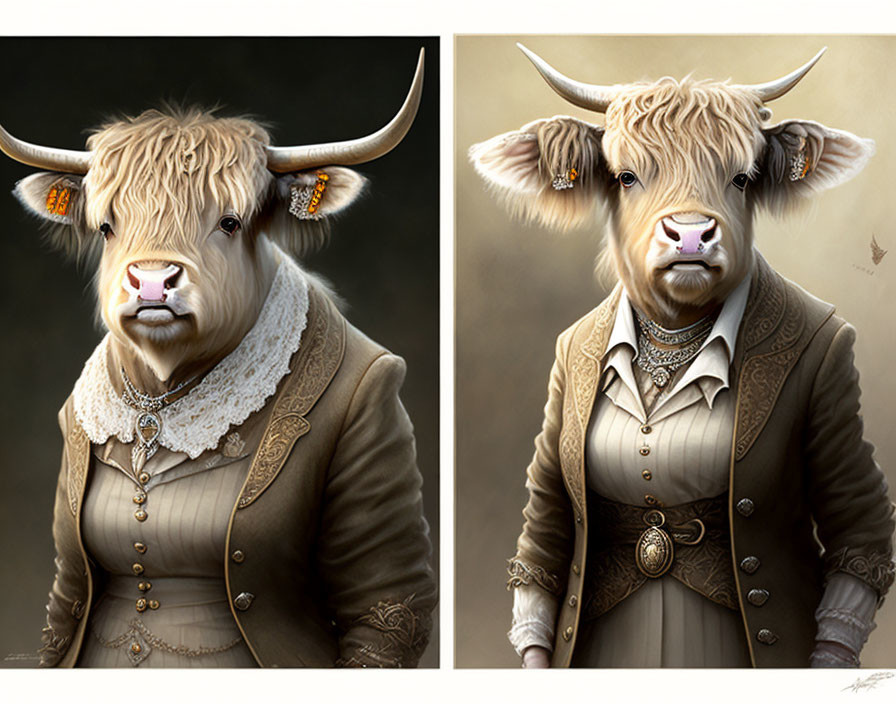 Anthropomorphic cows in Victorian attire: one in a dress, the other in a suit.