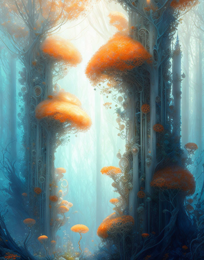 Enchanting forest scene with towering trees and glowing orange mushrooms