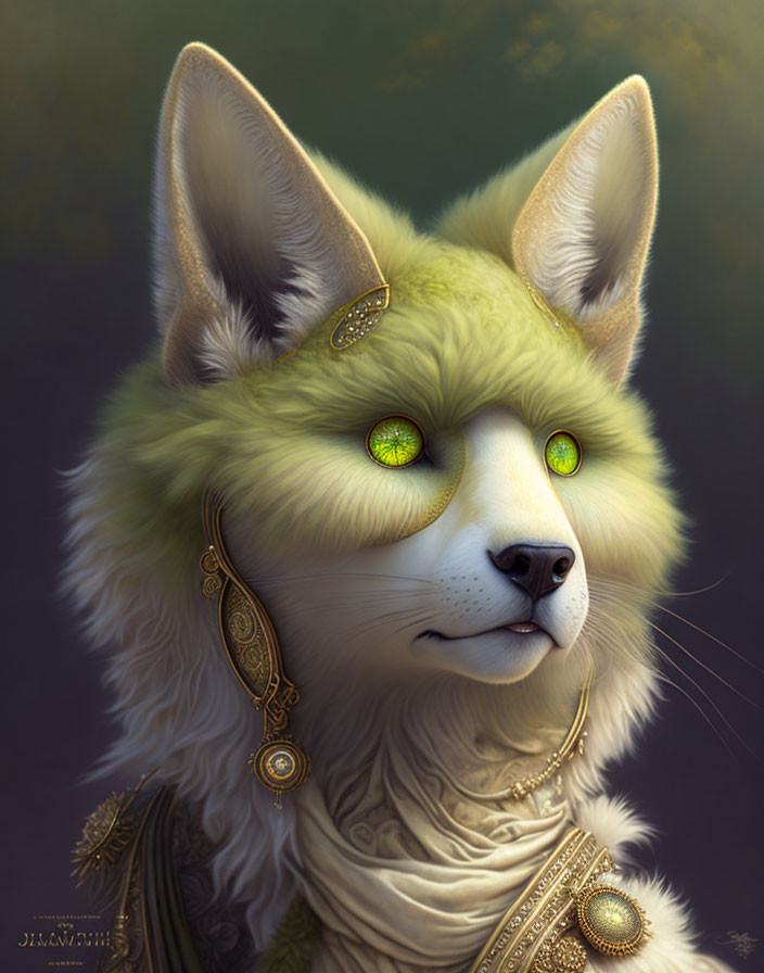 Majestic anthropomorphic fennec fox with green eyes in golden jewelry