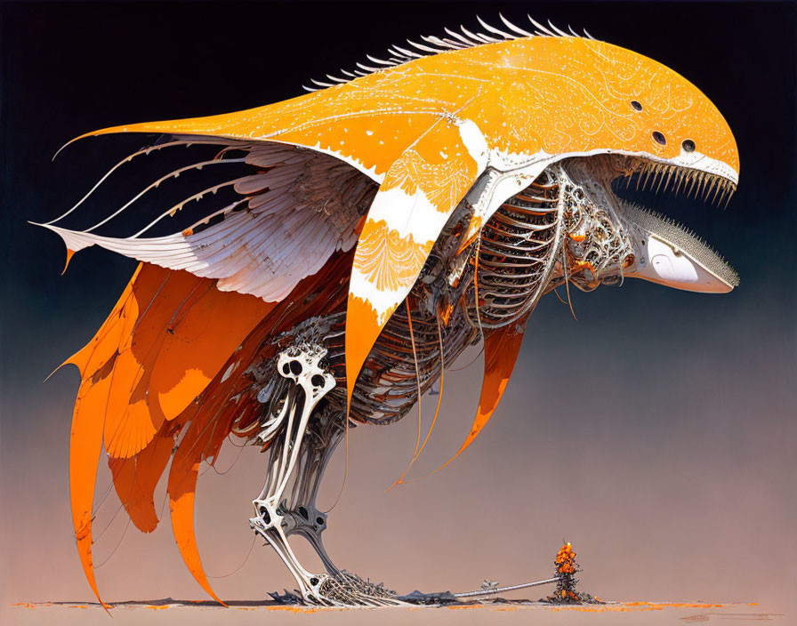 Fantastical creature with mechanical and organic elements in desert setting