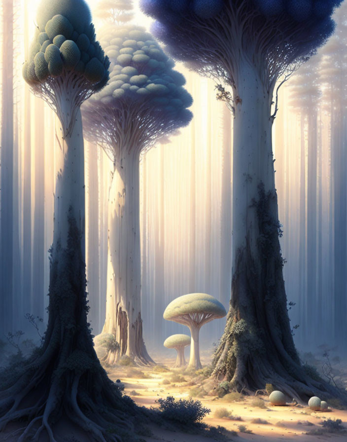 Misty forest with towering mushroom-like trees