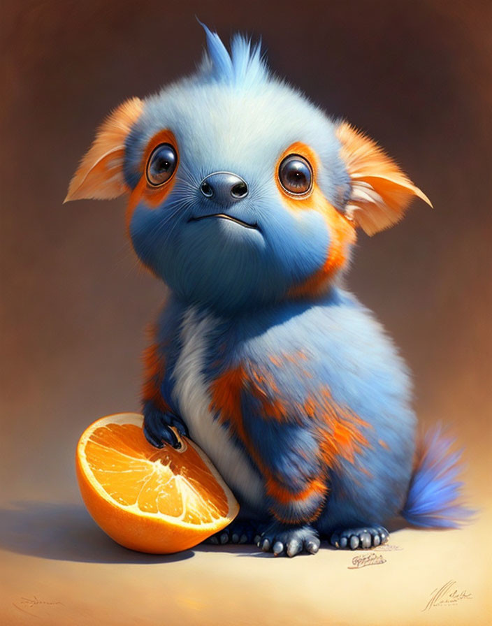 Furry blue and orange fantasy creature with big eyes and pointed ears beside sliced orange