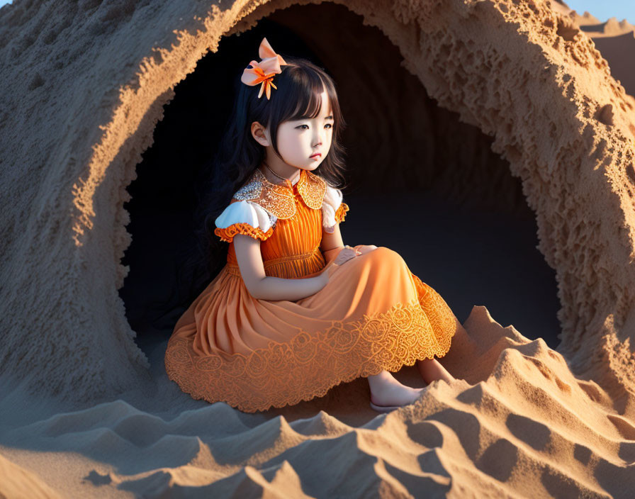 Young girl in orange dress sitting in sandy alcove under warm sunlight.