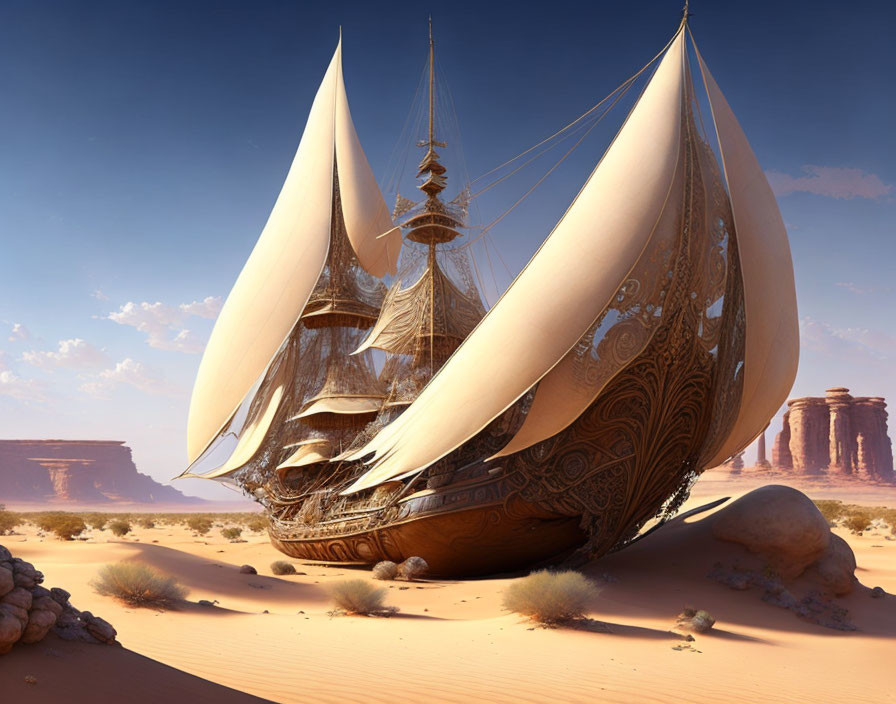 Ornate sailboat stranded in desert landscape