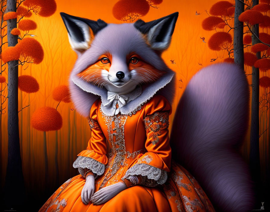 Anthropomorphic fox in elegant orange dress amidst fantasy autumn landscape